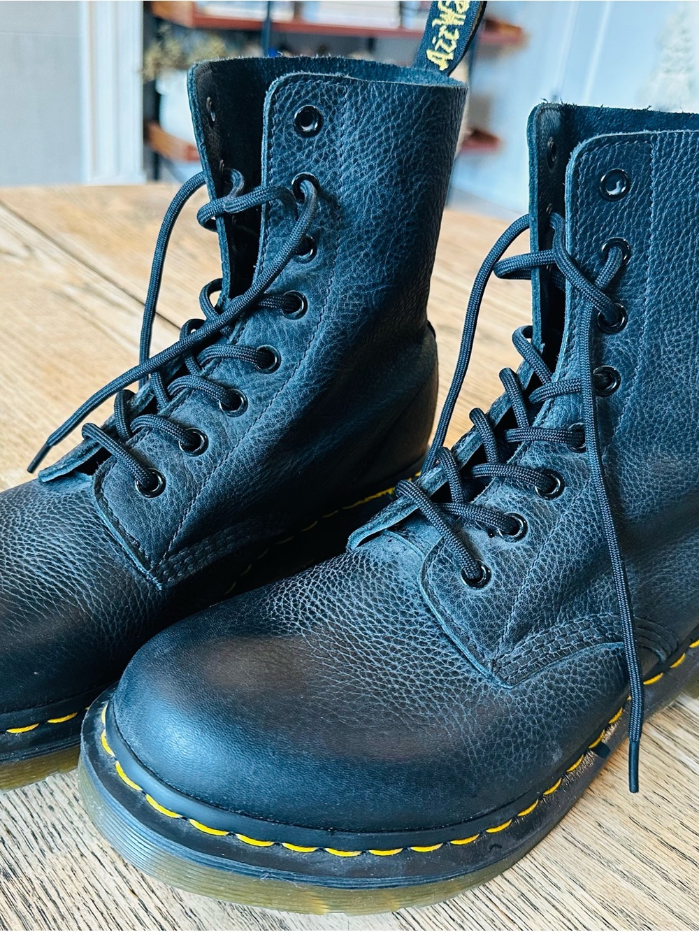 Dr. Martens Black Leather 8-Eye Lace-Up Boots with Yellow Stitching